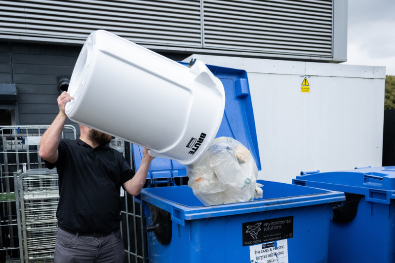 Separately labelled general waste and food recycling Slim Jim Step-On bins