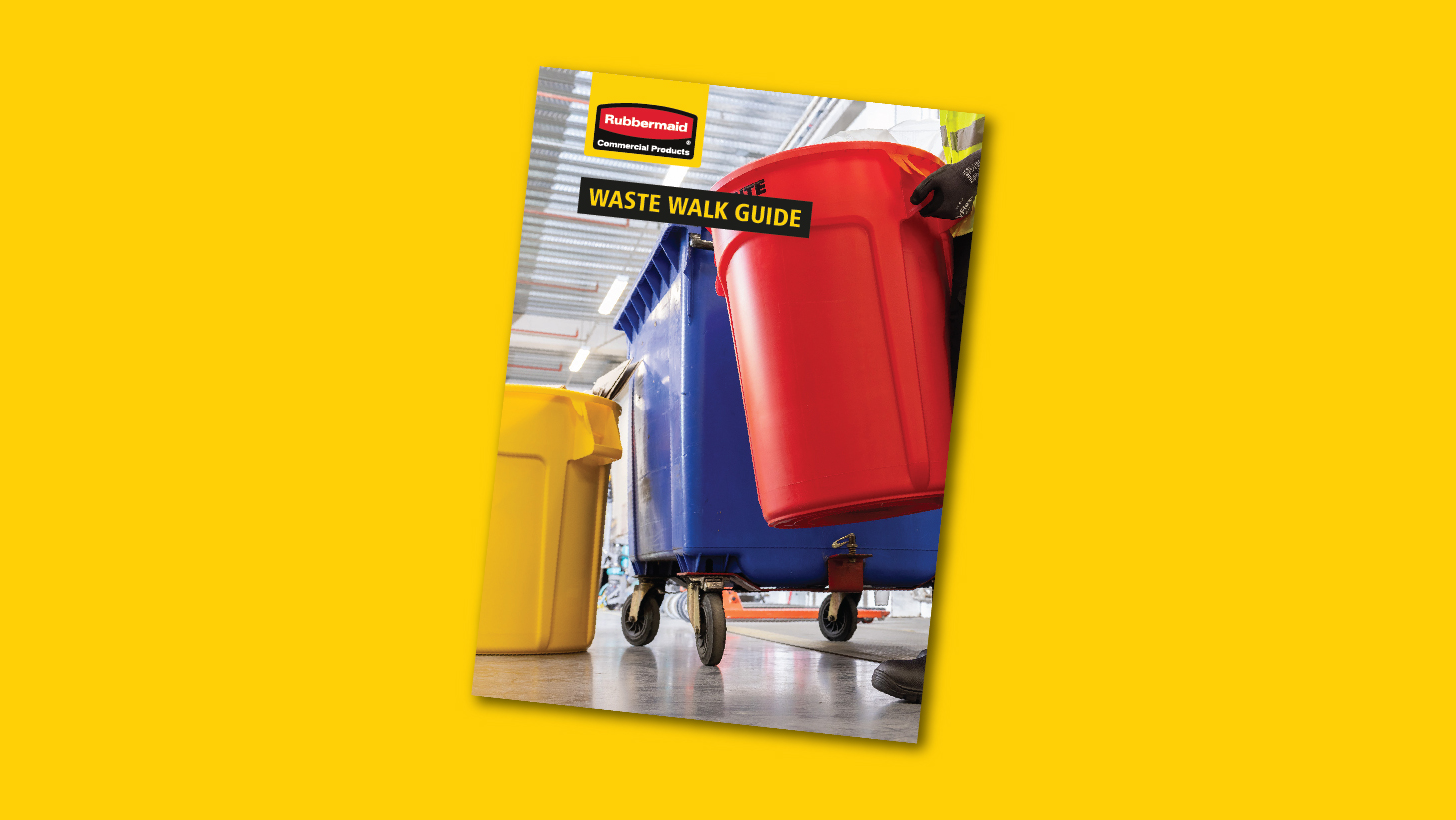 Waste Walk Guide from Rubbermaid Commercial Products, photo showing waste containers