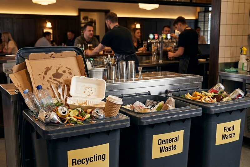 Contaminated recycling bins in a restaurant bar
