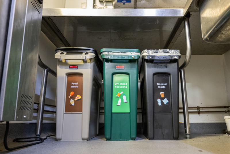 Food waste and general waste Slim Jim Step-On bins in a commercial kitchen