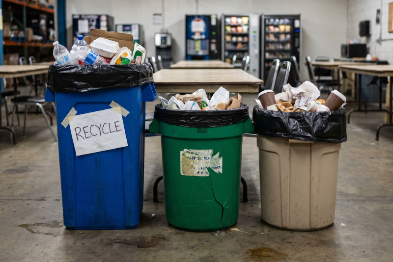 Contaminated low quality bins in a warehouse break room